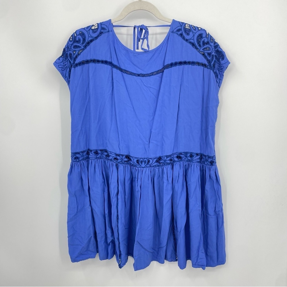 Free People Embroidered Royal Blue Backless tunic Blouse‎ Sz XS